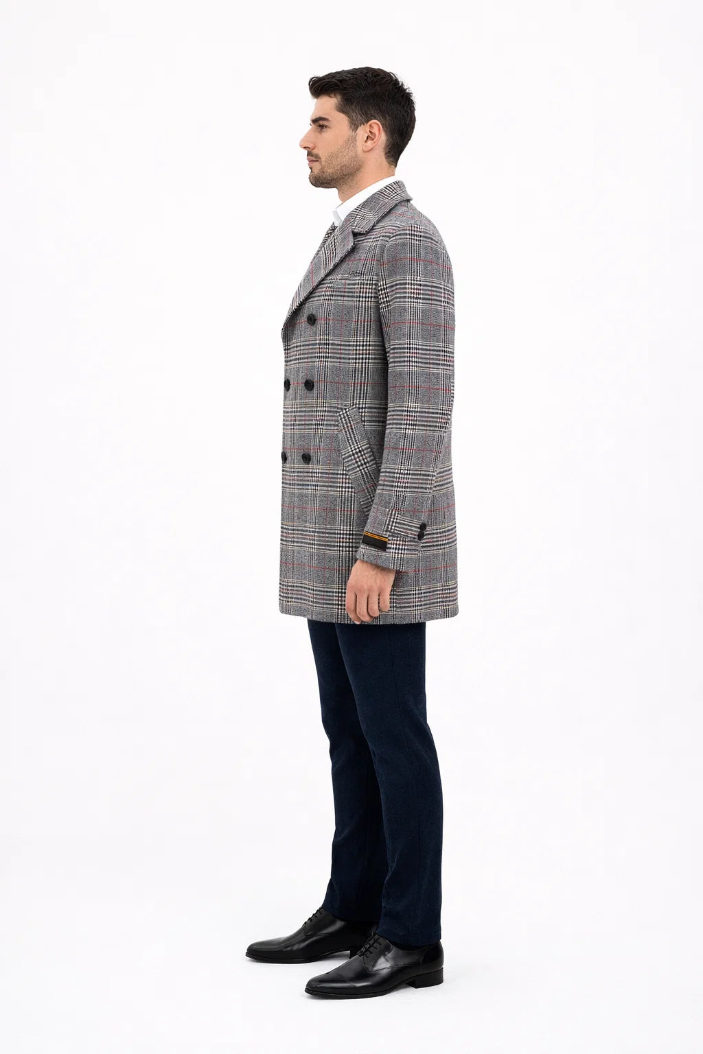 Mens Double-Breasted Houndstooth Plaid Overcoat in Black, White, and Red