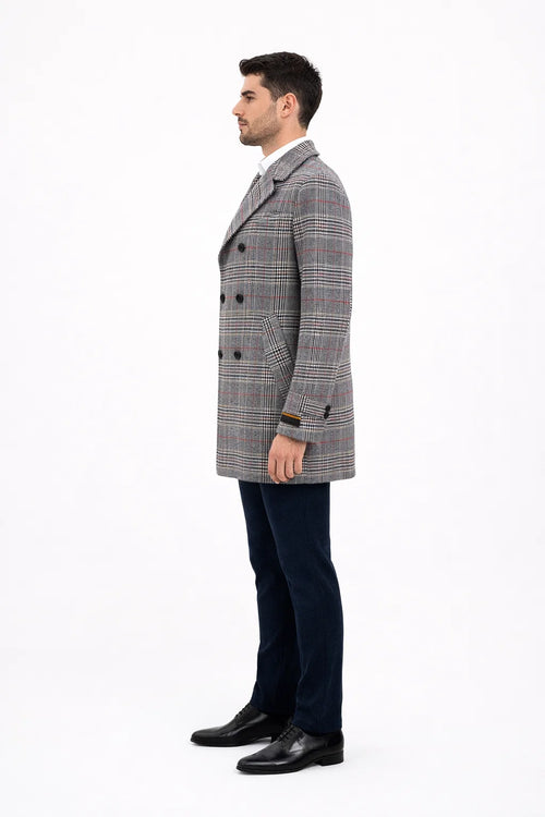 Mens Double-Breasted Houndstooth Plaid Overcoat in Black, White, and Red