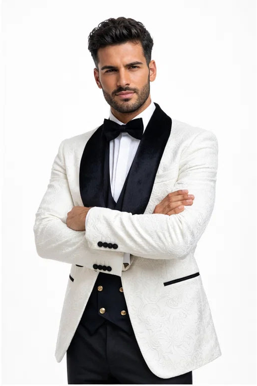 Wedding Tuxedo Premium Paisley Black Velvet 4pc Suit W/ Matching Bowtie