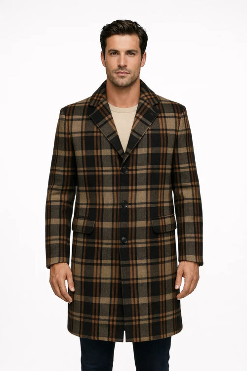 Mens Plaid Wool Overcoat â€“ Khaki and Brown and Cream Check Pattern Winter Coat
