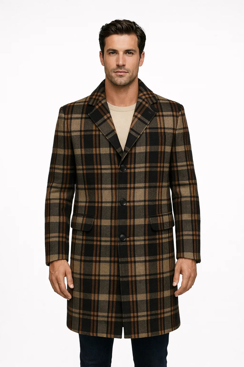 Mens Plaid Wool Overcoat haki and Brown and Cream Check Pattern Winter Coat