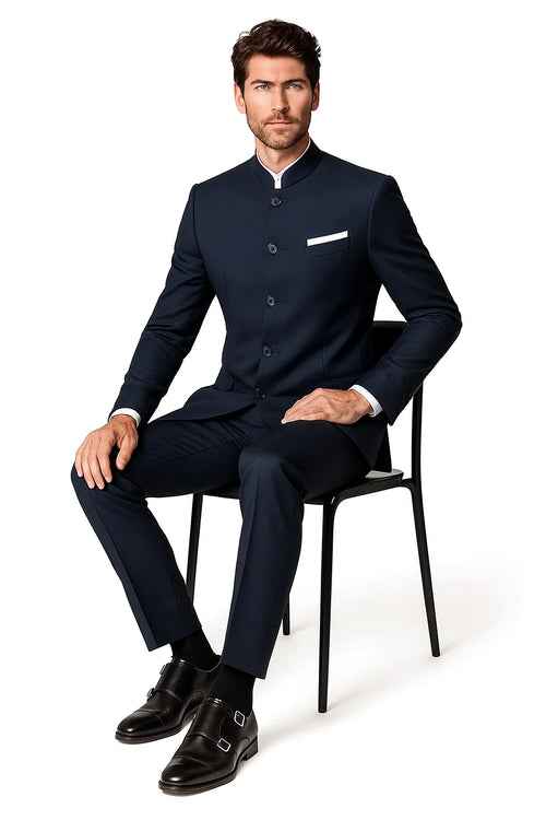 4 Button  Banded Collar Suit  One Chest Pocket  Two Flap Front Pockets  Color: Navy Blue