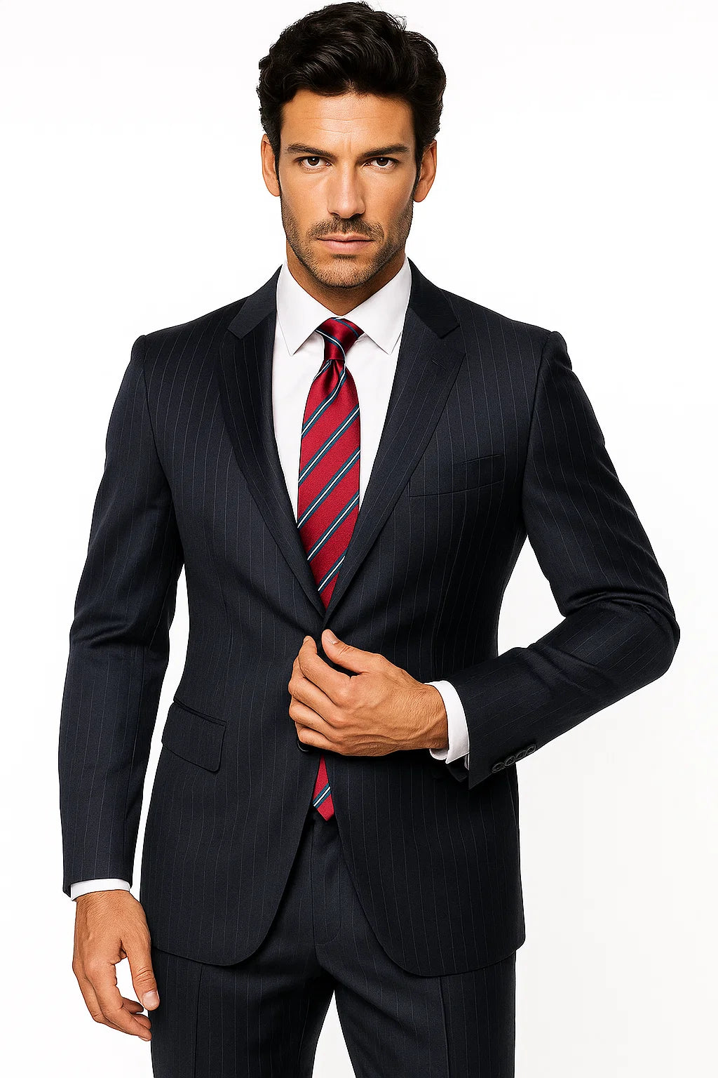 High-Quality Construction 2 Button Dark Navy Blue Suit For Men MiniStripe Ultimate Tayloring&Wool