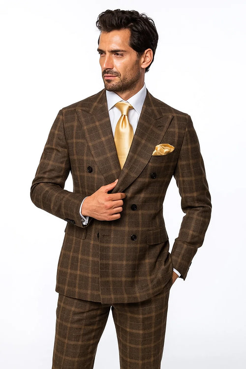 Rossiman Classic Wool Suit – Brown Windowpane Plaid Double-Breasted Formalwear