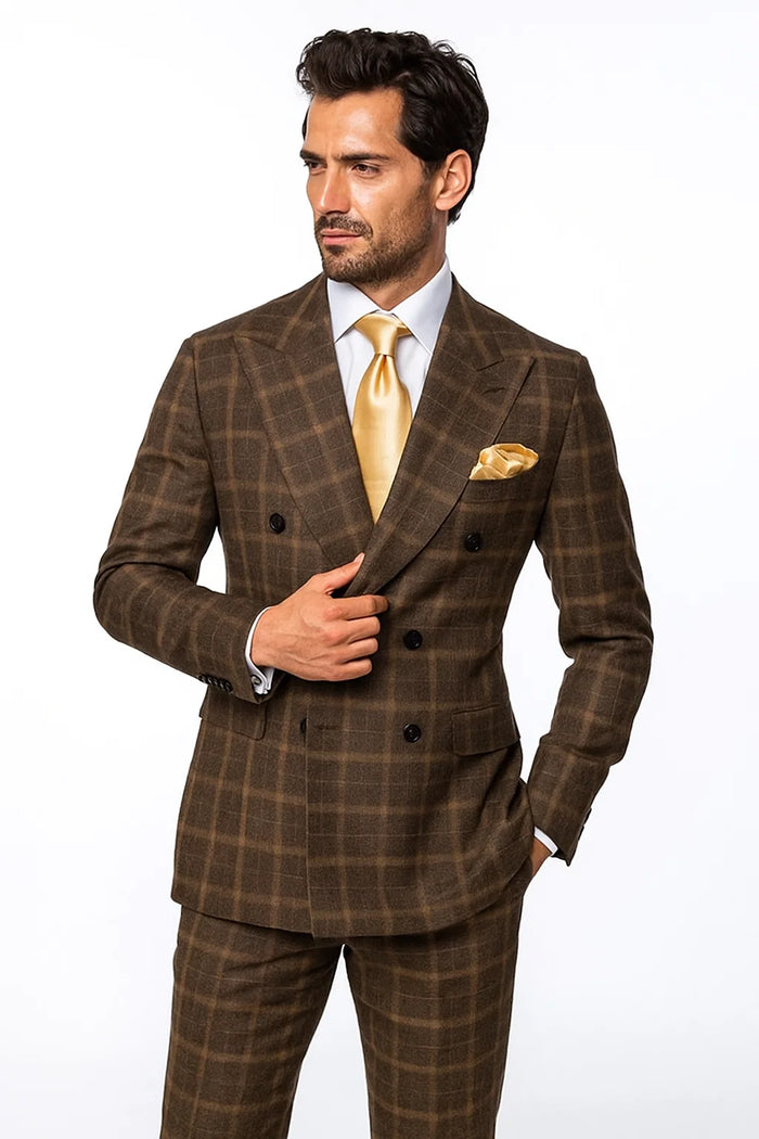 Rossiman Classic Wool Suit â€“ Brown Windowpane Plaid Double-Breasted Formalwear