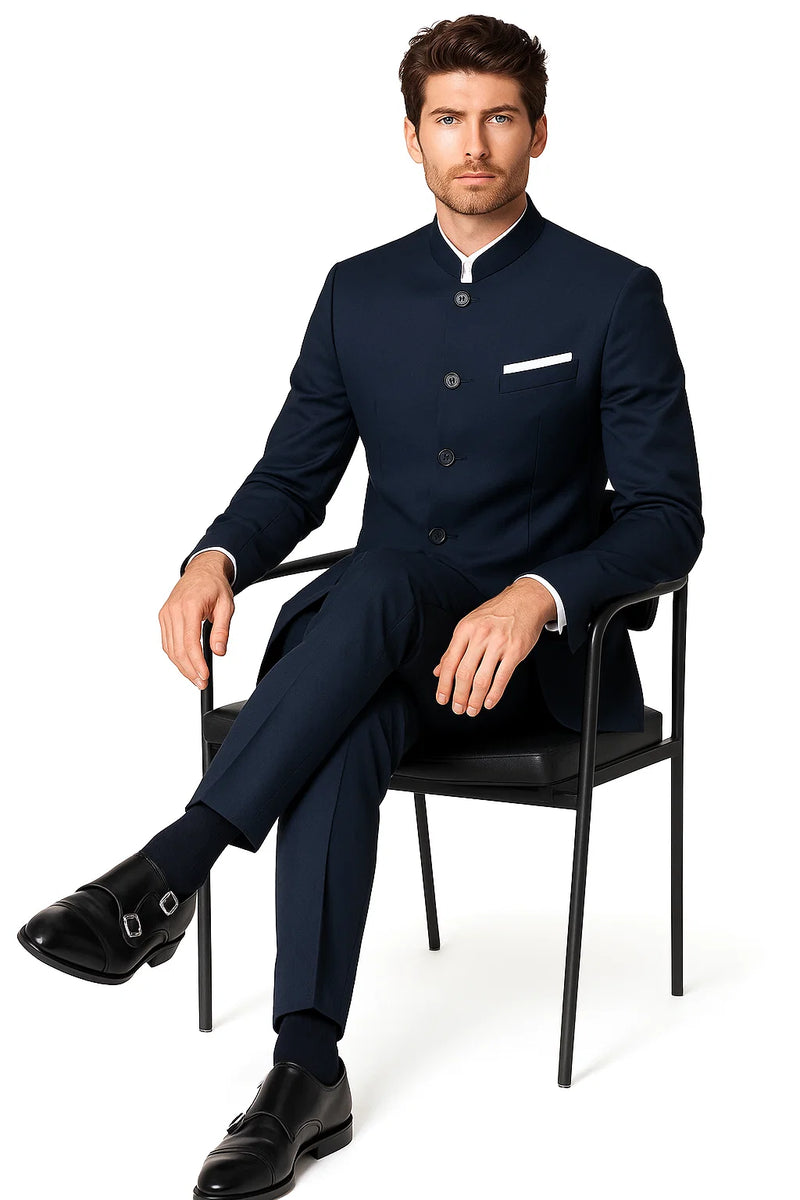 4 Button  Banded Collar Suit  One Chest Pocket  Two Flap Front Pockets  Color: Navy Blue