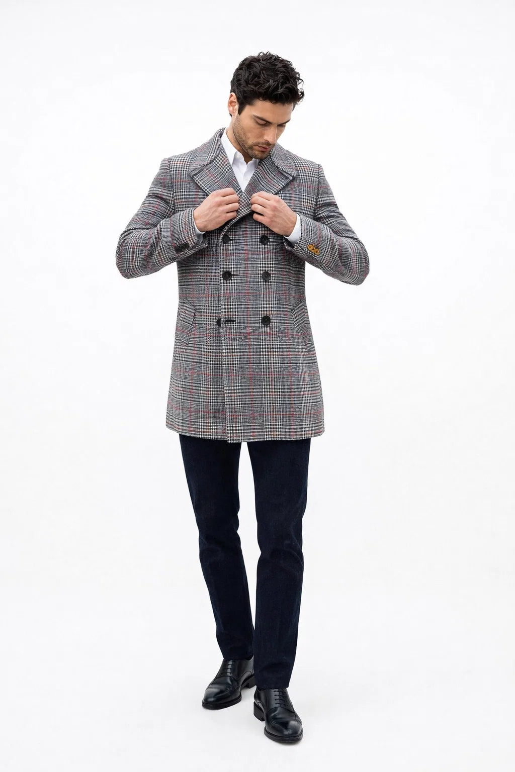 Mens Double-Breasted Houndstooth Plaid Overcoat in Black, White, and Red
