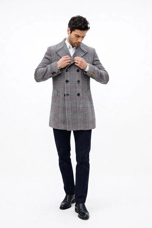 Mens Double-Breasted Houndstooth Plaid Overcoat in Black, White, and Red