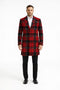 Mens Red and Black Plaid Wool Overcoat with Notch Lapel