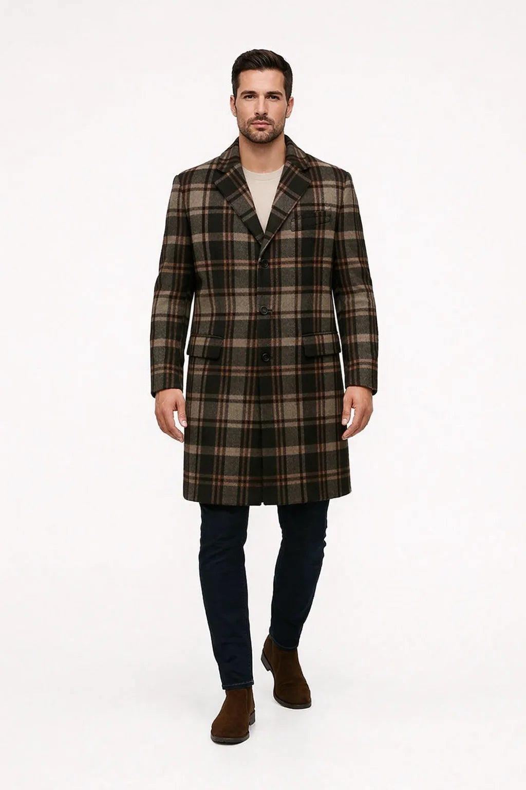 Mens Plaid Wool Overcoat â€“ Khaki and Brown and Cream Check Pattern Winter Coat