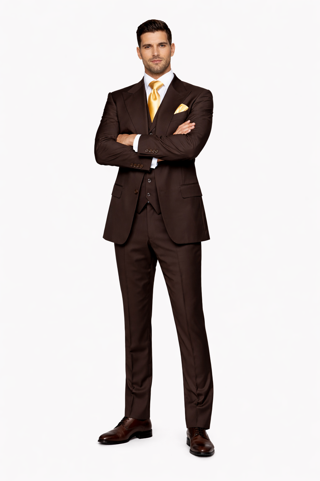 Suits With Baggy Pleated Pants - Wide Leg Pants 100% Wool - Classic Fit in Brown One Button 3 Piece Suit  by Rossiman