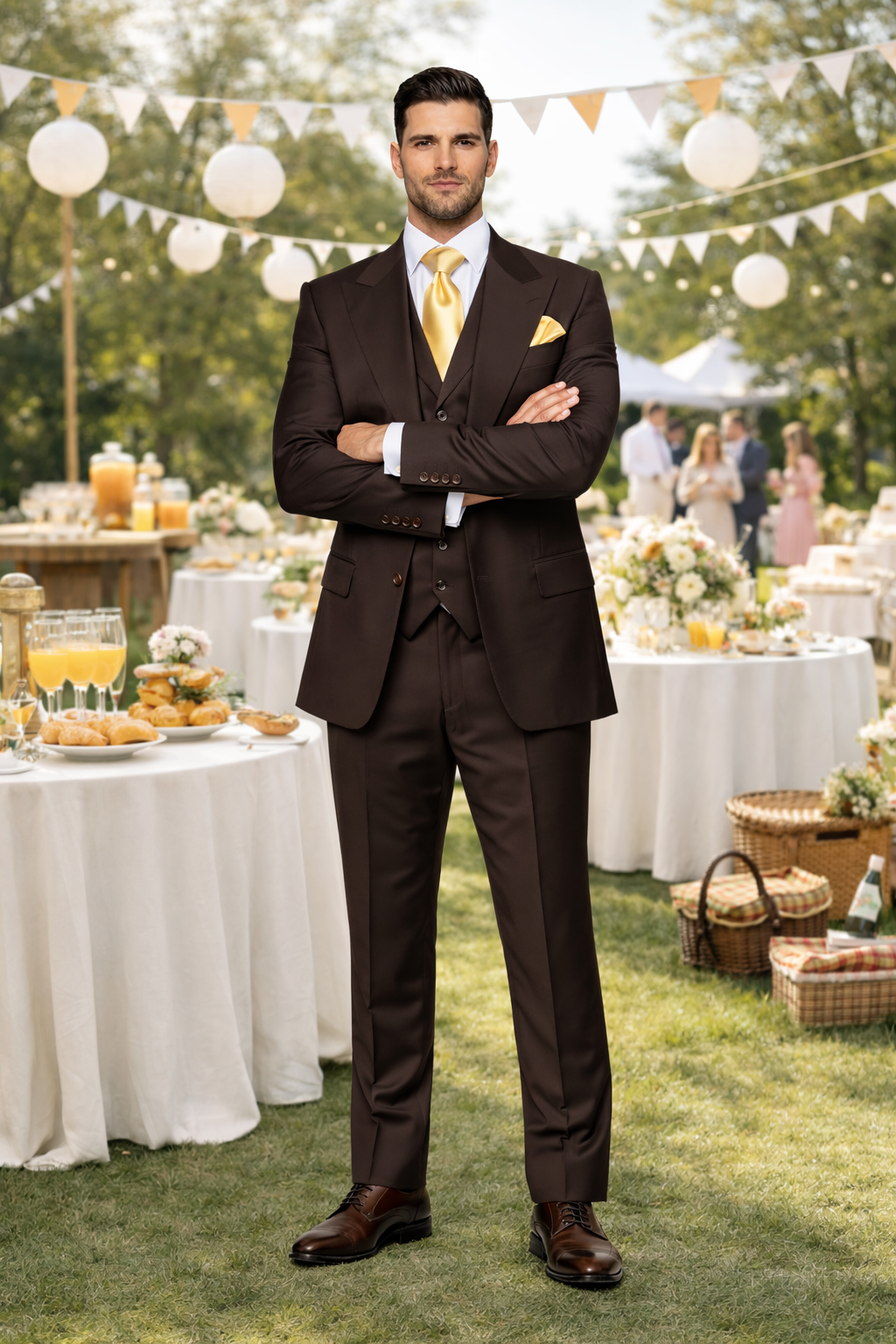 Suits With Baggy Pleated Pants - Wide Leg Pants 100% Wool - Classic Fit in Brown One Button 3 Piece Suit  by Rossiman