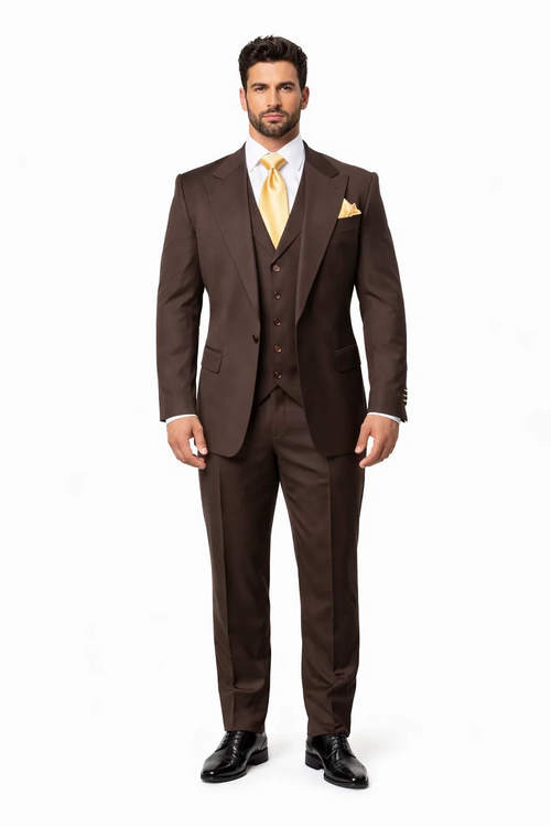 Suits With Baggy Pleated Pants - Wide Leg Pants 100% Wool - Classic Fit in Brown One Button 3 Piece Suit  by Rossiman