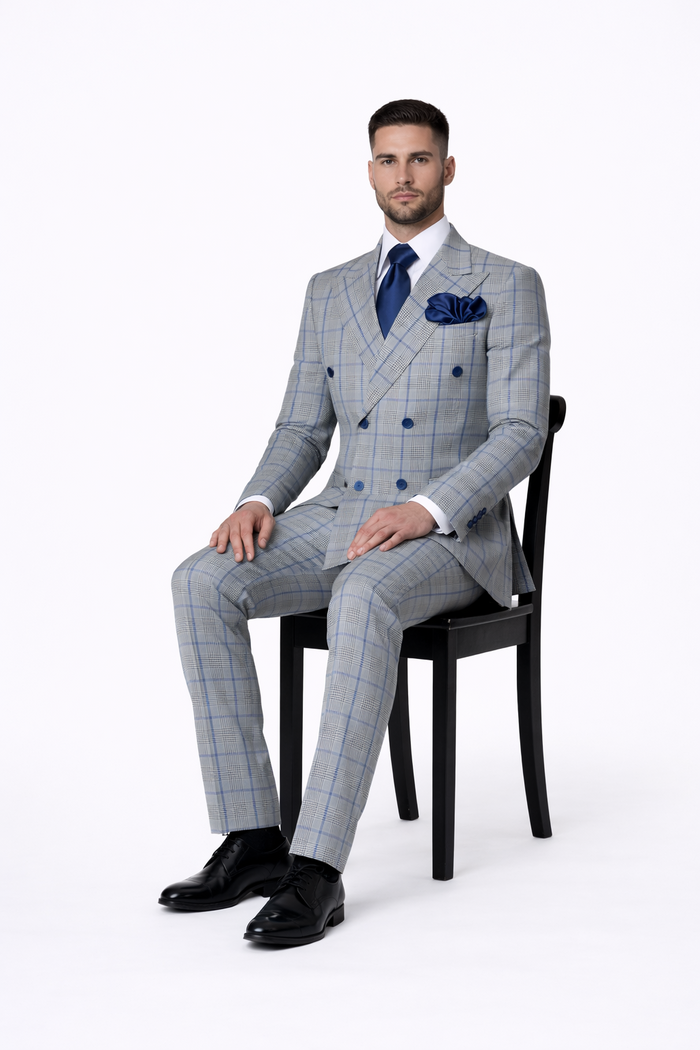 Suits With Baggy Pleated Pants - Wide Leg Pants 100% Wool - Classic Fit in Color Grey with Blue Plaid by Rossiman