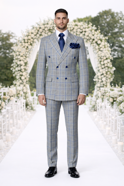 Suits With Baggy Pleated Pants - Wide Leg Pants 100% Wool - Classic Fit in Color Grey with Blue Plaid by Rossiman