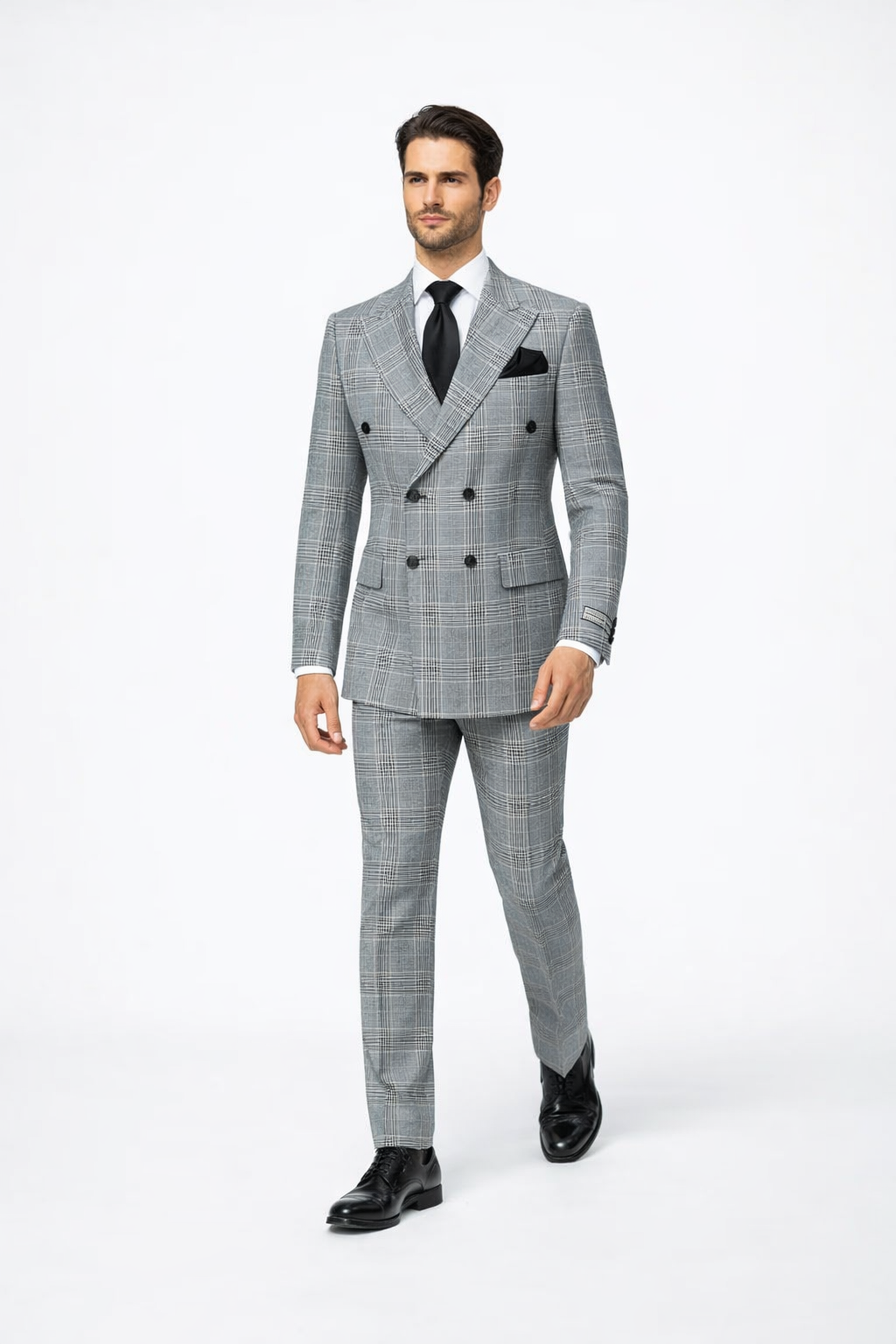 Suits With Baggy Pleated Pants - Wide Leg Pants 100% Wool - Classic Fit in Black and White Plaid Color by Rossiman