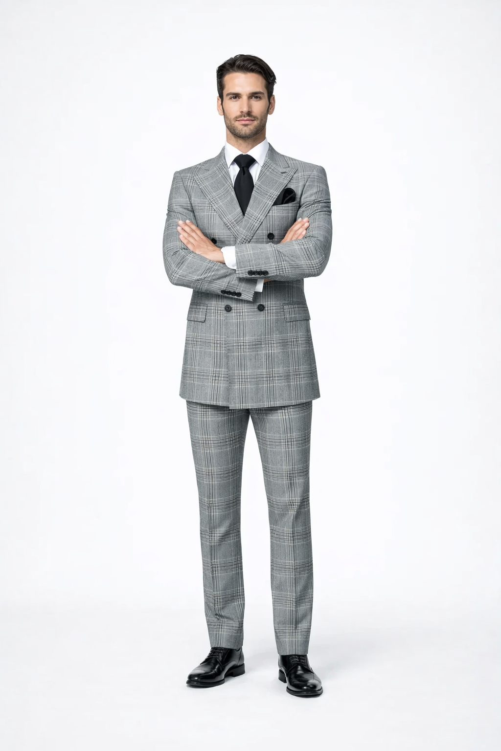 Suits With Baggy Pleated Pants - Wide Leg Pants 100% Wool - Classic Fit in Black and White Plaid Color by Rossiman