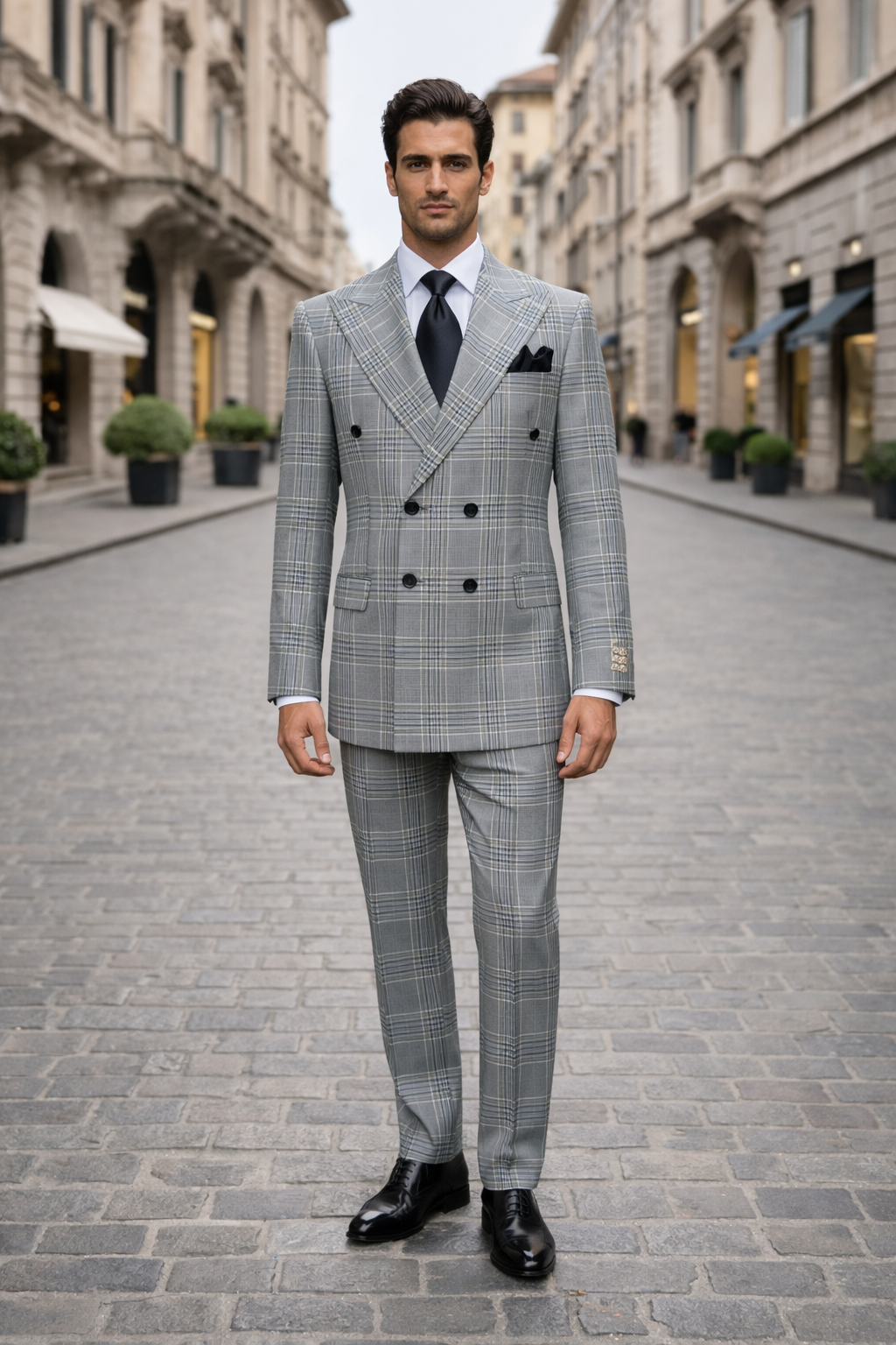 Suits With Baggy Pleated Pants - Wide Leg Pants 100% Wool - Classic Fit in Black and White Plaid Color by Rossiman