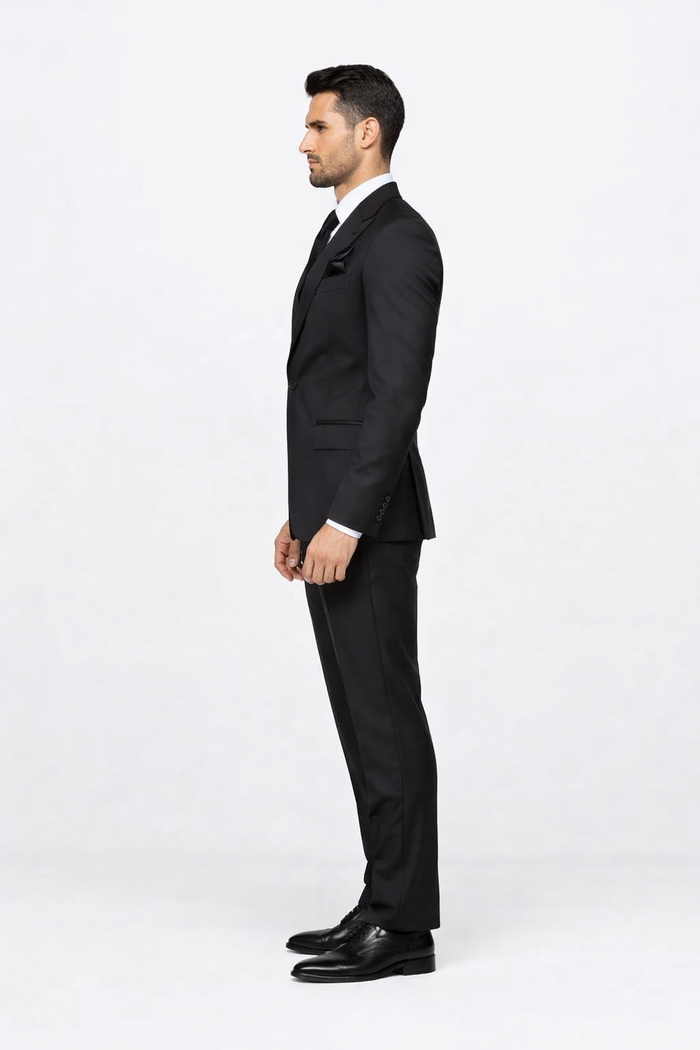 Suits With Baggy Pleated Pants - Wide Leg Pants 100% Wool - Classic Fit in Black Color by Rossiman