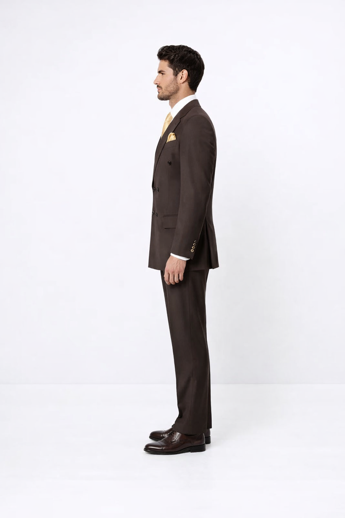 Suits With Baggy Pleated Pants - Wide Leg Pants 100% Wool - Classic Fit in Brown Color by Rossiman