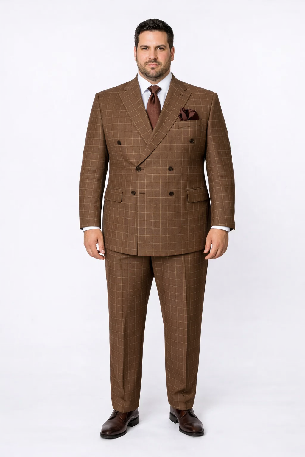 Suits With Baggy Pleated Pants - Wide Leg Pants 100% Wool - Classic Fit in Brown Plaid Color by Rossiman