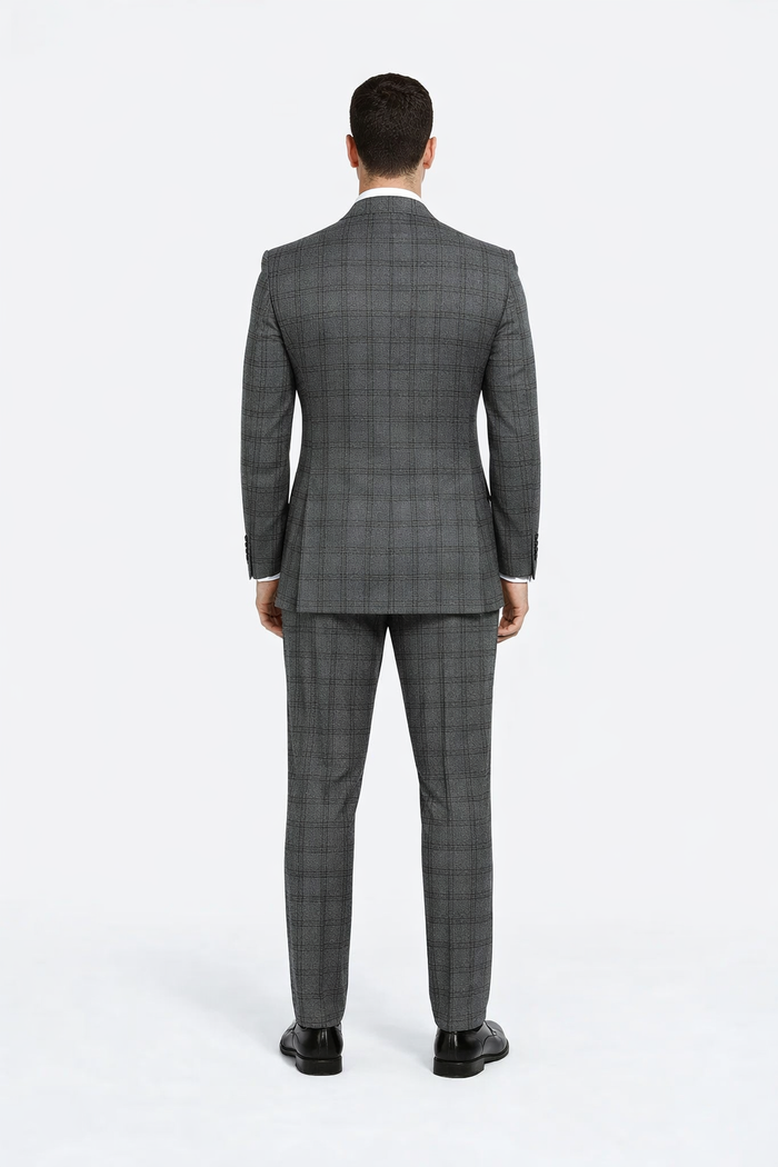 Suits With Baggy Pleated Pants - Wide Leg Pants 100% Wool - Classic Fit in Color Charcoal with Blue Plaid by Rossiman