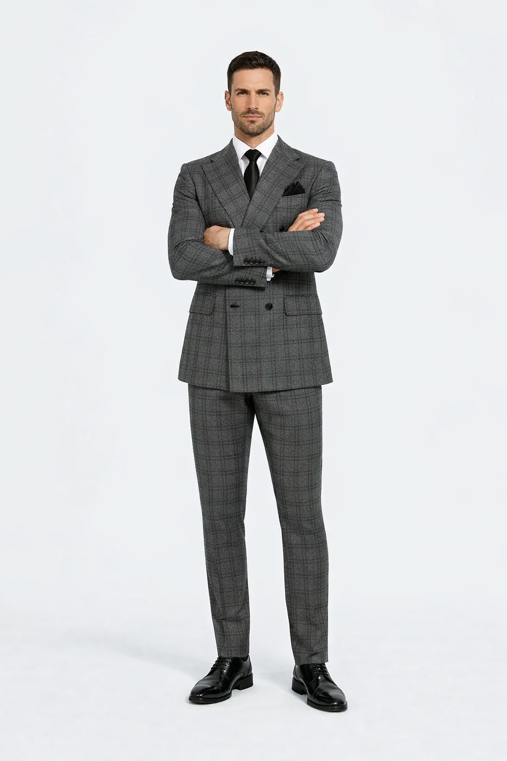 Suits With Baggy Pleated Pants - Wide Leg Pants 100% Wool - Classic Fit in Color Charcoal with Blue Plaid by Rossiman