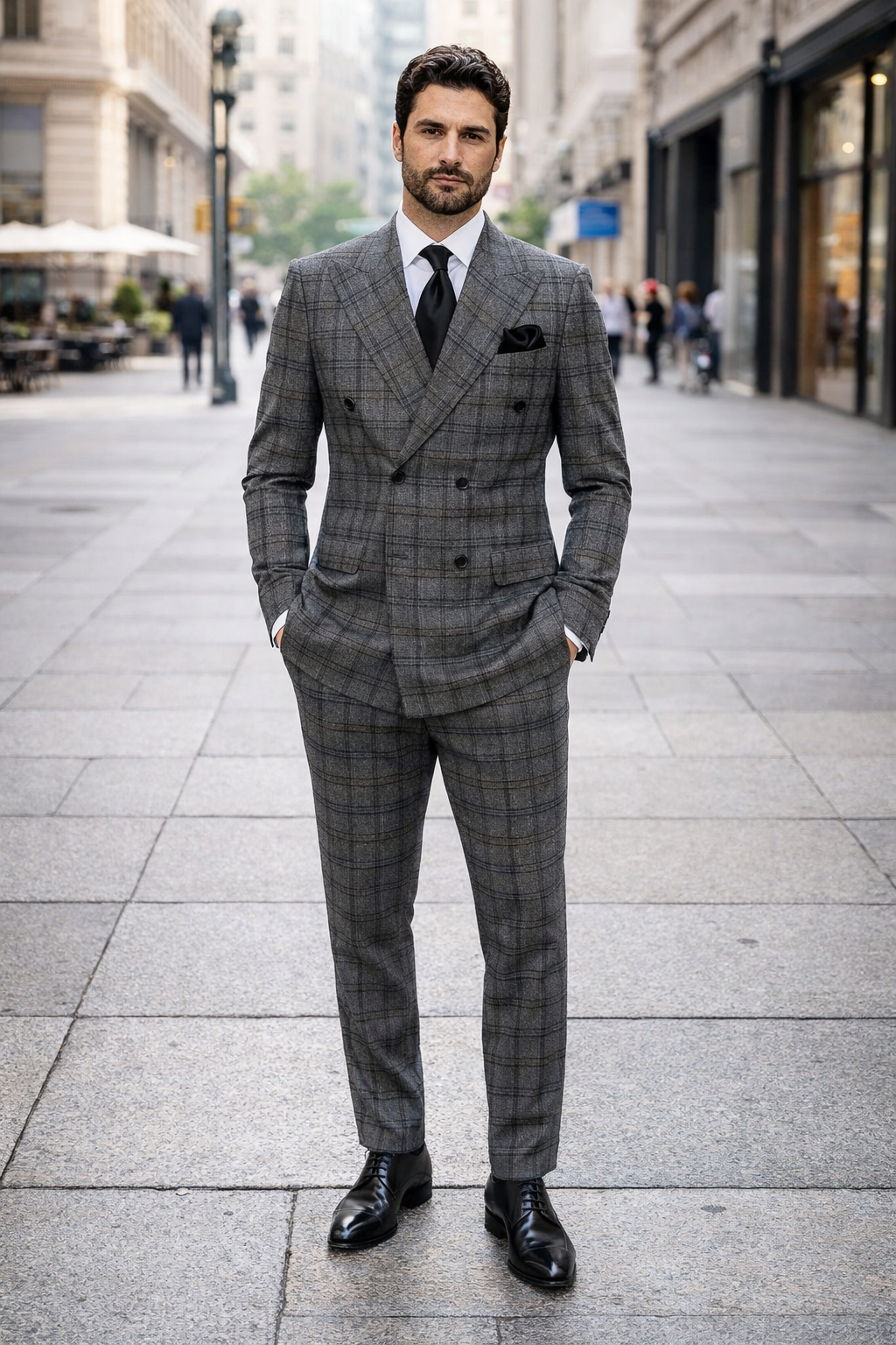 Suits With Baggy Pleated Pants - Wide Leg Pants 100% Wool - Classic Fit in Color Charcoal with Blue Plaid by Rossiman