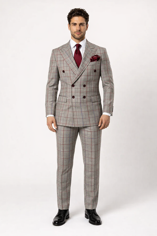 Suits With Baggy Pleated Pants - Wide Leg Pants 100% Wool - Classic Fit in Color Grey with Red Plaid by Rossiman