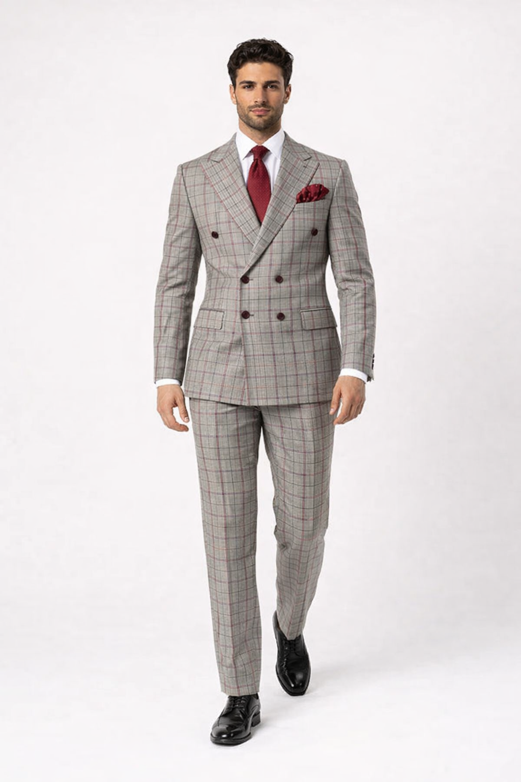 Suits With Baggy Pleated Pants - Wide Leg Pants 100% Wool - Classic Fit in Color Grey with Red Plaid by Rossiman