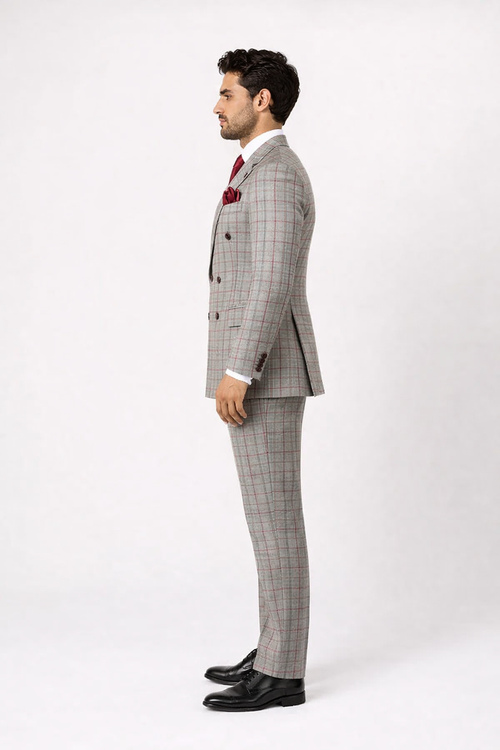 Suits With Baggy Pleated Pants - Wide Leg Pants 100% Wool - Classic Fit in Color Grey with Red Plaid by Rossiman
