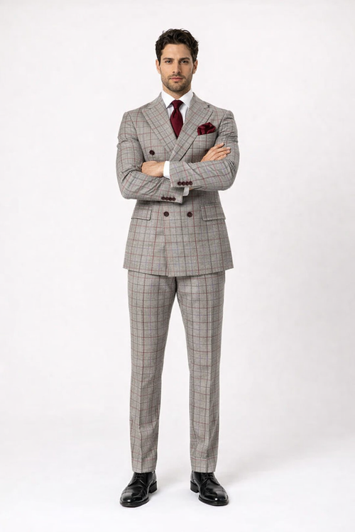 Suits With Baggy Pleated Pants - Wide Leg Pants 100% Wool - Classic Fit in Color Grey with Red Plaid by Rossiman