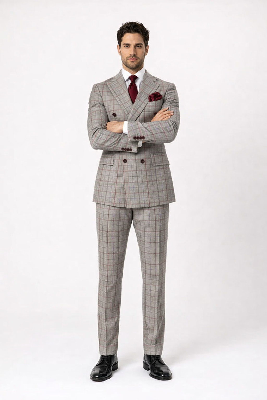 Suits With Baggy Pleated Pants - Wide Leg Pants 100% Wool - Classic Fit in Color Grey with Red Plaid by Rossiman