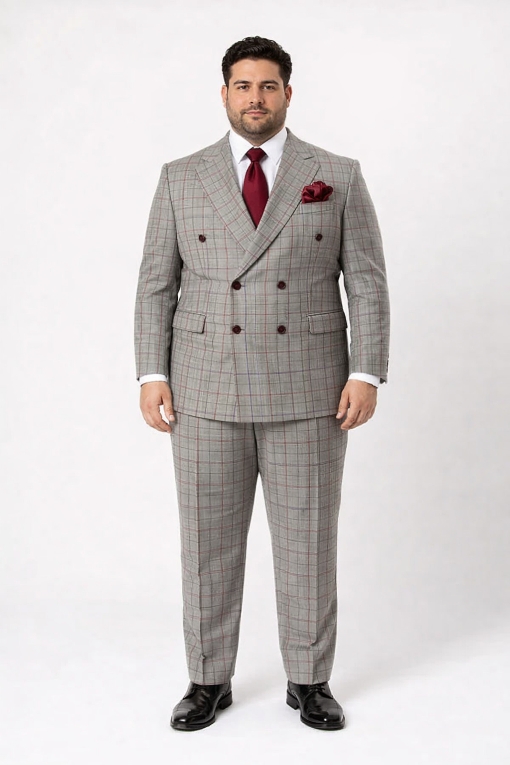 Suits With Baggy Pleated Pants - Wide Leg Pants 100% Wool - Classic Fit in Color Grey with Red Plaid by Rossiman