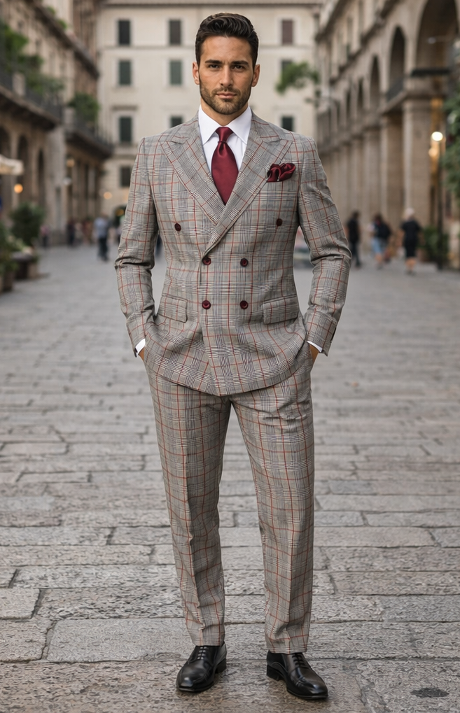 Suits With Baggy Pleated Pants - Wide Leg Pants 100% Wool - Classic Fit in Color Grey with Red Plaid by Rossiman