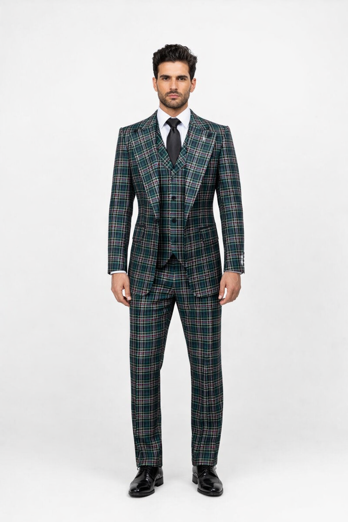 Suits With Baggy Pleated Pants - Wide Leg Pants 100% Wool - Classic Fit in Green Color by Rossiman