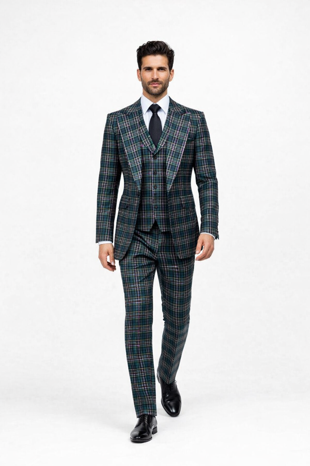 Suits With Baggy Pleated Pants - Wide Leg Pants 100% Wool - Classic Fit in Green Color by Rossiman