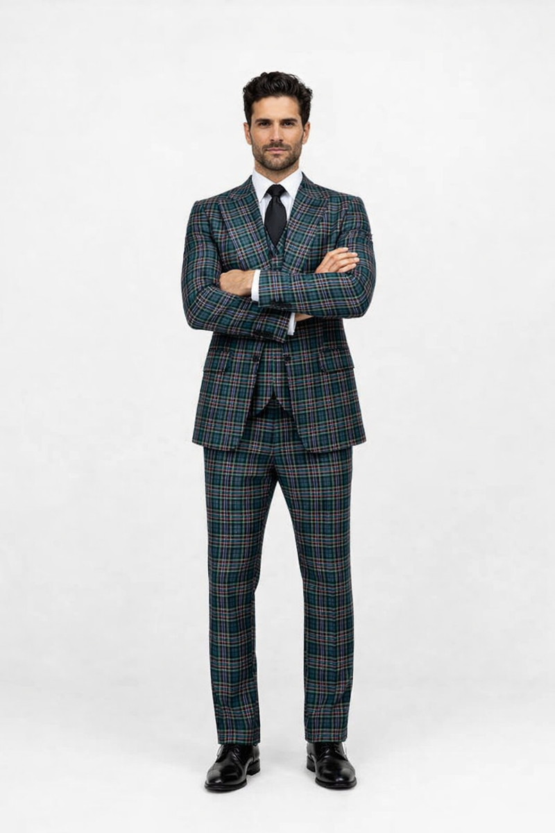 Suits With Baggy Pleated Pants - Wide Leg Pants 100% Wool - Classic Fit in Green Color by Rossiman
