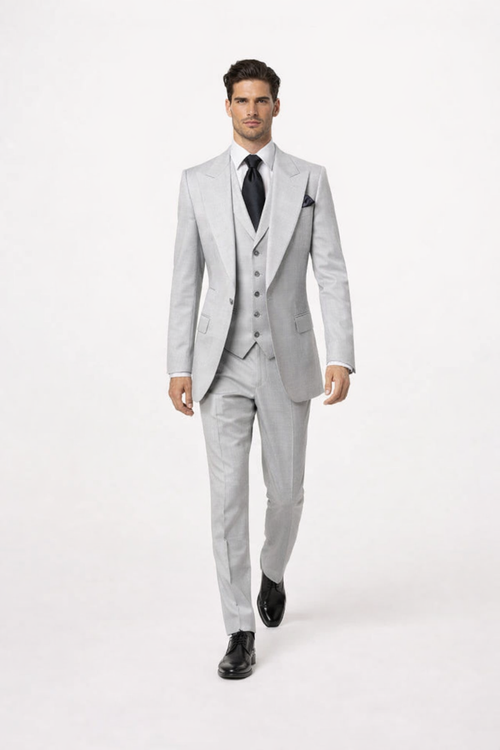 Suits With Baggy Pleated Pants - Wide Leg Pants 100% Wool - Classic Fit in Grey One Button 3 Piece Suit by Rossiman