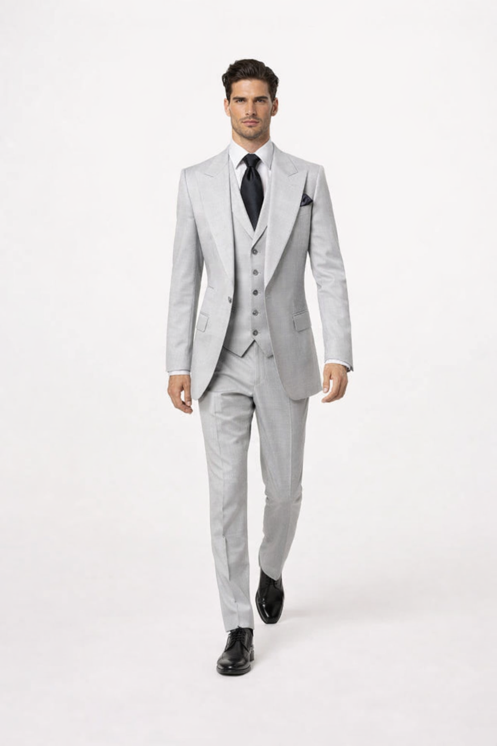 Suits With Baggy Pleated Pants - Wide Leg Pants 100% Wool - Classic Fit in Grey One Button 3 Piece Suit by Rossiman