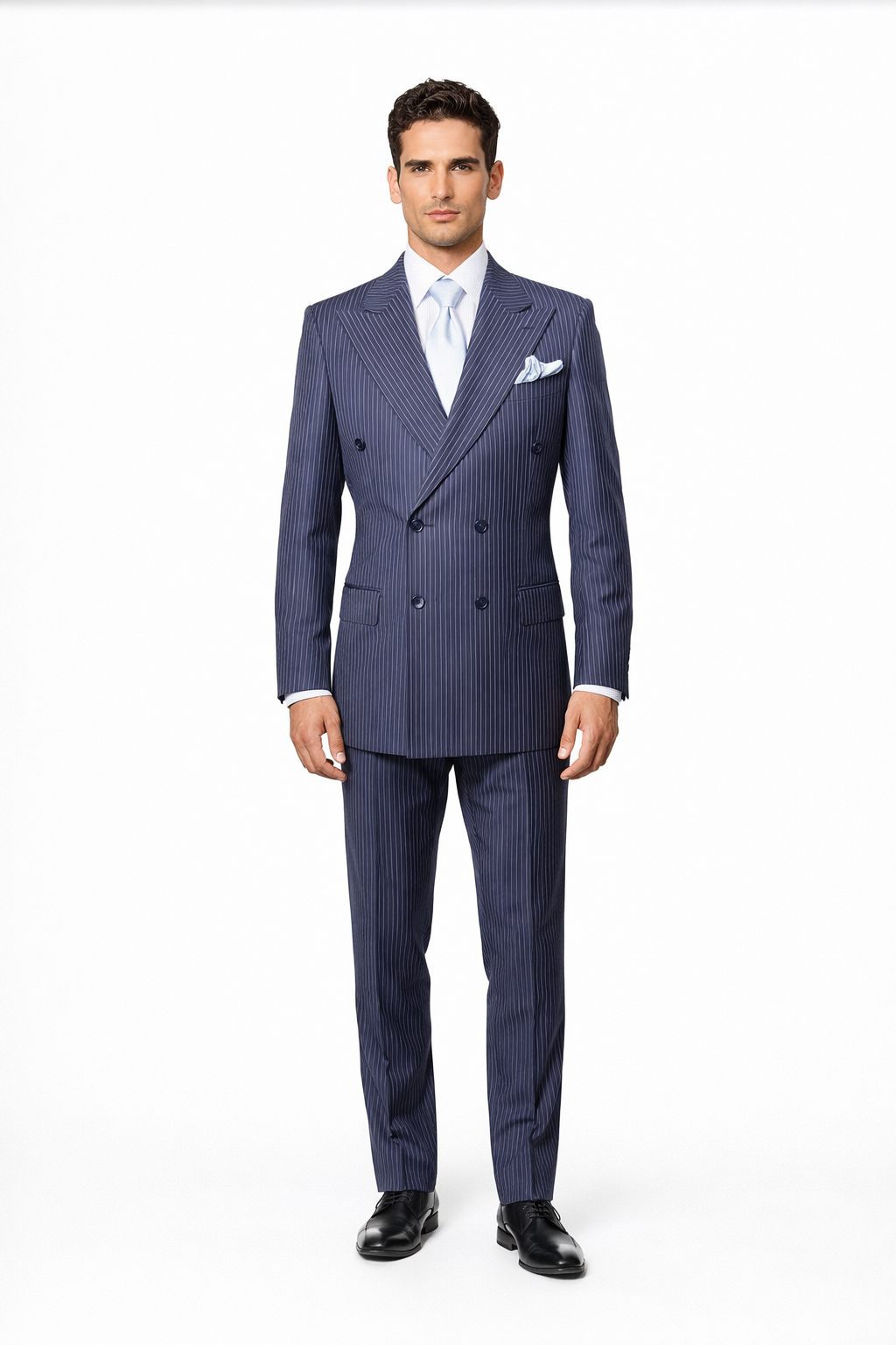 Suits With Baggy Pleated Pants - Wide Leg Pants 100% Wool - Classic Fit in Navy with White Pinstripe Color by Rossiman