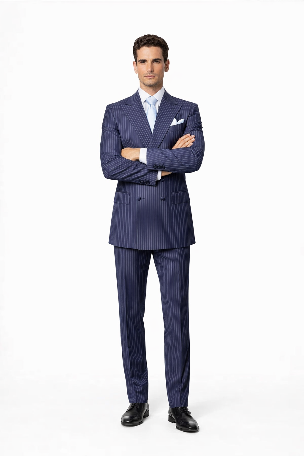 Suits With Baggy Pleated Pants - Wide Leg Pants 100% Wool - Classic Fit in Navy with White Pinstripe Color by Rossiman