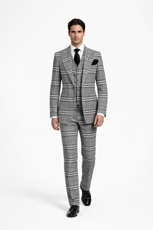 Suits With Baggy Pleated Pants - Wide Leg Pants 100% Wool - Classic Fit in One Button 3 Piece Suit by Rossiman