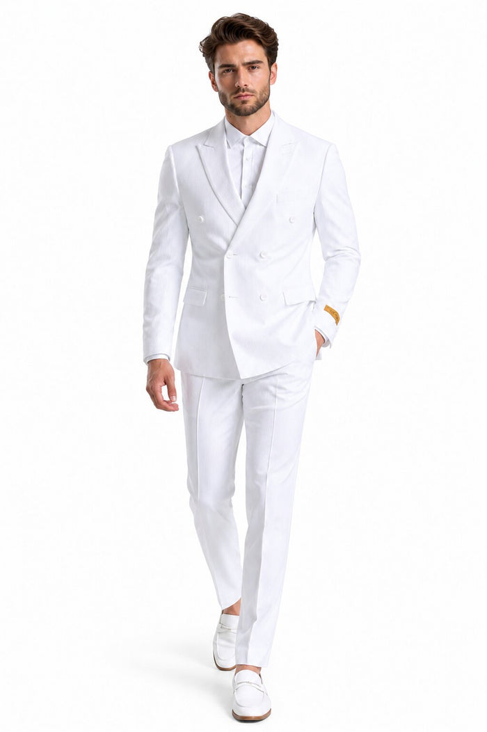 Mens Double Breasted Summer Seersucker Suit in White Pinstripe