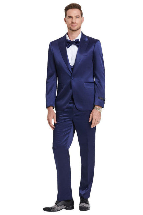 "Indigo Navy Men's Sharkskin Satin Prom 2025 & Wedding Suit - One Button Vested"