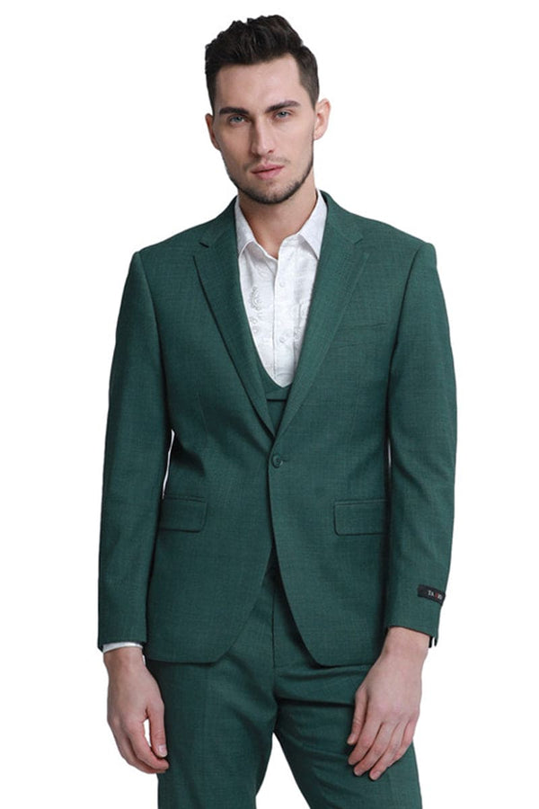 "Sharkskin Wedding Suit: Men's Slim Fit Double Breasted Vest in Hunter Green"