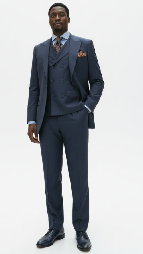 Mens Suit With Pleated Pants - Semi Wide Leg 100% Wool Super 150's Big Peak Lapel Classic Fit Athletic Cut With Double breasted Vest in Dusty Blue