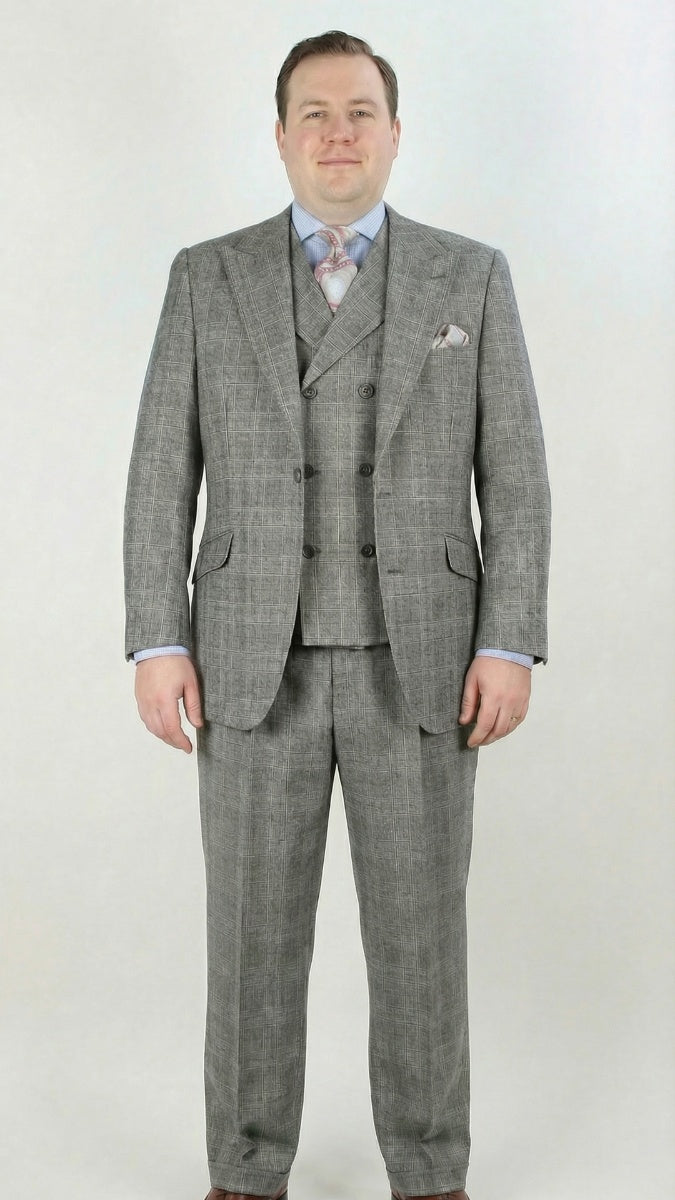 Mens Suit With Pleated Pants - Semi Wide Leg 100% Wool Super 150's Big Peak Lapel Classic Fit Athletic Cut With Double breasted Vest in Grey Windowpane