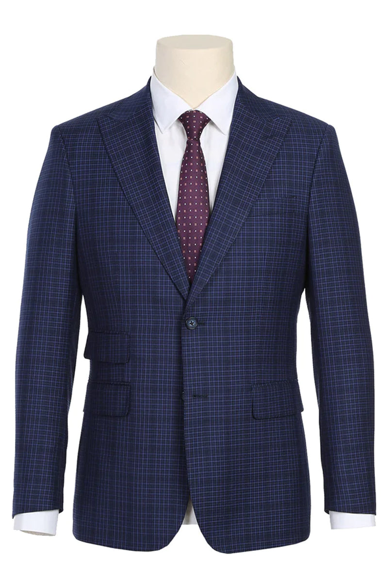 Men's English Laundry navy overcheck plaid suit. Slim fit, peak lapels, structured shoulders. Two buttons, functional pockets. Classic style.
