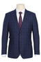 Men's English Laundry navy overcheck plaid suit. Slim fit, peak lapels, structured shoulders. Two buttons, functional pockets. Classic style.
